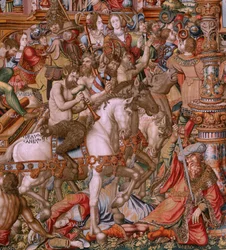 flamländsk gobeläng. Serien The Honours. Infamy (La Infamia). Sjätte gobelängen i serien. Modelltecknare från Bernard van Orleys och Jan Gossaerts krets (Mabuse). Tillverkning Pieter van Aelst, Bryssel. Ca 1550. Tyg Guld, silver, siden och ull.