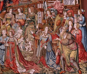 flamländsk gobeläng. Serien The Honours. Rättvisa (La Justicia, Los Honores). Nionde gobeläng i serien. Modelltecknare från Bernard van Orleys och Jan Gossaerts krets (Mabuse). Tillverkning Pieter van Aelst, Bryssel. Ca 1550. Tyg Guld, silver,
