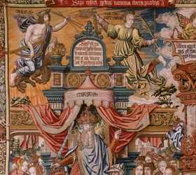 flamländsk gobeläng. Serien The Honours; Adel (La Nobleza). Fjärde gobelängen i serien. Modelltecknare från Bernard van Orleys och Jan Gossaerts krets (Mabuse). Tillverkning Pieter van Aelst, Bryssel.Ca 1550. Tyg Guld, silver, siden och ull