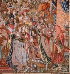 flamländsk gobeläng. Serien The Honours; Adel (La Nobleza). Fjärde gobelängen i serien. Modelltecknare från Bernard van Orleys och Jan Gossaerts krets (Mabuse). Tillverkning Pieter van Aelst, Bryssel. Ca 1550. Tyg Guld, silver, siden och woo