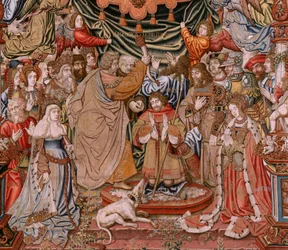 flamländsk gobeläng. Serien The Honours; Adel (La Nobleza). Fjärde gobelängen i serien. Modelltecknare från Bernard van Orleys och Jan Gossaerts krets (Mabuse). Tillverkning Pieter van Aelst, Bryssel.Ca 1550. Tyg Guld, silver, siden och ull