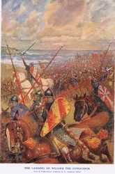 Vilhelm Erövrarens landstigning (färglitografi)