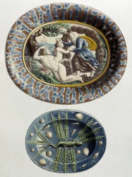 Gud skapar Eva av Adams lår; Lizard - Keramiska fat, i "The work of Bernard Palissy" av C. Delange och C. Borneman, Paris