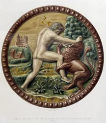Samson kämpar mot lejonet - keramisk basrelief, i "The work of Bernard Palissy" av C. Delange och C. Borneman, Paris
