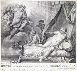 Jupiter (Zeus) bränner Semele med sin blixt. Gravyr av 1700-talet efter teckningen av B. Picart gjord 1708.