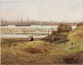 Shipping and Boatbuilding on the Tyne (penna och akvarell på papper (klistrad på papper))