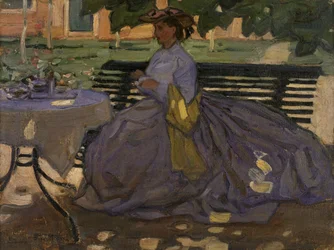 Kvinna sittande i en trädgård, ca 1910 (olja på kavaj)