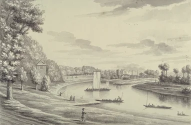 A West View of Hampton Court Ferry och Hampton Church at a Distance, 1731-33 (penna & svart bläck och tvätt på lagt papper)