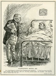 Dr Lloyd George föreslår att man ska bota den drabbade från arbetslöshetsepidemin med fyra varmvattenflaskor, "Insurance Levy", "Relief Works", "Loans" och "Export Credits"