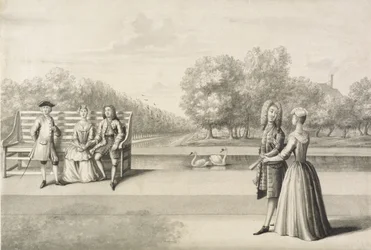 Figurer på stranden av Long Water, Hampton Court Palace (grå tvätt med penna och bläck över penna på papper)