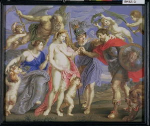Mars Introduced by Minerva to Occasion, ackompanjerad av Ceres, efter en målning av Peter Paul Rubens (1577-1640) (kroppsfärg och tuggummi på veläng lindad runt panel)