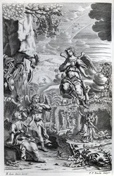 Ärkeängeln Uriel meddelar Gabriel att Satan är i Edens lustgård, illustration ur John Miltons ”Paradise Lost”, graverad av P. P. Bouche, sjätte upplagan, 1695