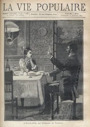 En kvinna lyssnar kärleksfullt och med beundran på talet av mannen som sitter framför henne på en middag som ett par. Illustrationen av B. Borione av "Slaven" av Theodore de Banville (1823-1891). Gravyr från 1891 i "La vie populaire". menig överste