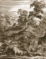 Actaeon förvandlades till en hjort och slukade av sina hundar, 1731
