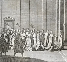 Olika stadier av konklaven, möte för kardinaler för val av en ny påve: kardinalernas inträde i det sixtinska kapellet (Vatikanen: kardinalernas ingång) Gravyr från "Illustration av ceremonier och religiösa seder hos alla folk