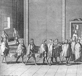 Olika stadier av konklaven, möte med kardinalerna för val av en ny påve: ransonerna görs under konklaven (Vatikanen: ankomst av mat under konklaven) Gravyr från "" Illustration av religiösa ceremonier och seder för alla människor