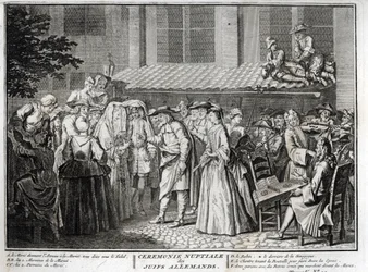 Judiskt bröllop i det judiska tyska samhället Gravyr från "" Illustration de ceremonies et customs religieuses de les peuples du monde" av Bernard Picart (1723-1743) 1819 Privat samling