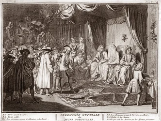Judiskt bröllop i det judiska portugisiska samhället Gravyr från "" Illustration av ceremonier och religiösa seder hos alla världens folk"" av Bernard Picart (1723-1743) 1819 Privat samling