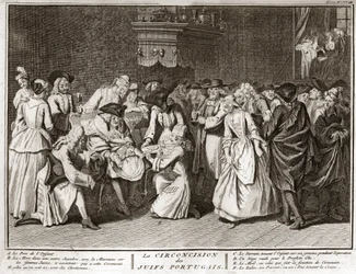 Judendom: omskärelseceremoni i det judiska portugisiska samfundet Gravyr från "" Illustration av ceremonier och religiösa seder hos alla världens folk"" av Bernard Picart (1723-1743) 1819 Privat samling