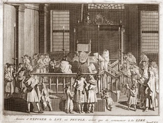 Judendom: visning av Toran i en synagoga före läsningen) Gravyr från "" Illustration de ceremonies et customs religieuses de tous les peuples du monde"" av Bernard Picart (1723-1743) 1819 Privat samling