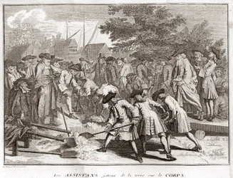 Judendom: assistenterna kastar jord på kroppen under begravningen (judisk begravning) Gravyr från "" Illustration av alla världens folks religiösa ceremonier och seder"" av Bernard Picart (1723-1743) 1819 Privat samling