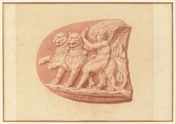 En av fyra studier efter cameos, tre med klassiska profilporträtt och en med en fragmentarisk relief av Amor och två lejon som ritar en vagn (röd krita på papper)