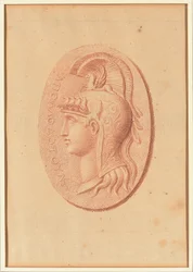 En av fyra studier efter kaméer, tre med klassiska profilporträtt och en med en fragmentarisk relief av Amor och två lejon som drar en vagn (rödkrita på papper)