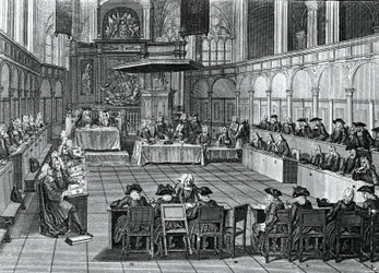 Protestantisk synod hölls 1730 i Nieuwe Kerk (Nya kyrkan) i Amsterdam, Nederländerna, gravyr av Bernard Picart (1673-1733)
