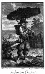 Representation av Robinson Crusoe på hans ööken. Gravyr av Bernard Picart (1673-1733) som illustrerar romanen av Daniel Defoe eller De Foe (1660-1731)