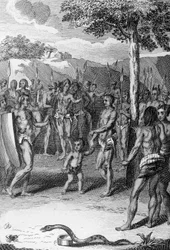 Rituell ceremoni, med orm i förgrunden, Guinea, från Histoire Generale des Ceremonies, moeurs, et coutumes religiousness de tous les peoples du monde, av Antoine Banier (1673-1741) och Jean Baptiste Le Mascrier (1697-1760)