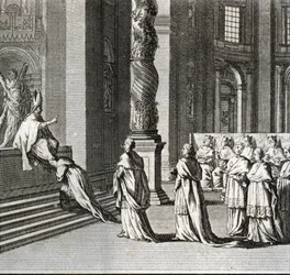 Högtidlig invigning av påven "" Tillbedjan av påven på St. Peters stora altar, Vatikanen"" (påvlig invigning: dyrkan av påven över St Peters stora altare) Gravyr från "" Illustration av religiösa ceremonier och seder av a