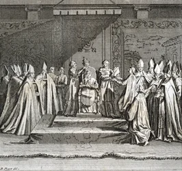 Högtidlig invigning av pontifikatet: ”Framställning av påvens kröning” (påvlig invigning: påvens kröning). Gravyr ur ”Illustration av ceremonier och religiösa seder hos alla världens folk” av Bernard Picart (1723-1743).
