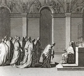 Högtidlig invigning av påven: "" Tillbedjan av påven i Sixtinska kapellet"" (Påvlig invigning: Tillbedjan av påven i Sixtinska kapellet) Gravyr från "" Illustration av ceremonier och religiösa seder hos alla världens folk""