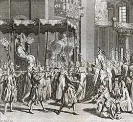 Högtidlig invigning av pontificatet: bränning av ett tyg) Gravyr från "Illustration de ceremonies et customs religieuses de tous les peuples du monde" av Bernard Picart (1723-1743) 1819 Privat samling