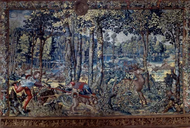 Upphängning av jakterna på Maximilian känd som "" Beautiful hunts of Guise"": August, Jungfrun, Rådjursjakten, kläckerierna - Gobeläng av Bernard van Orley (Barend, Barent, Bernaert van Brussel