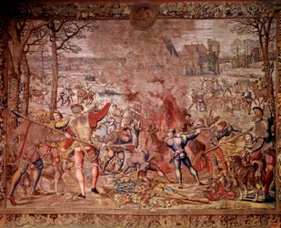 Maximiliens jakter kallade "Beautiful hunts of Guise": januari månad, Vattumannen, vildsvinsjakt, flambee, kure - Gobeläng tillverkad i de flamländska verkstäderna av Bernard van Orley (Barend, Barent, Bernaert van Brussel