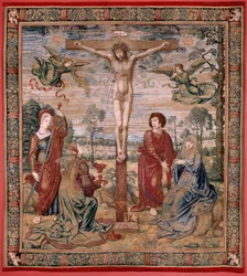 flamländsk gobeläng. Serien Dais of Charles V (Baldachin of Margaret of Austria). Barmhärtighetens Kristus (Cristo de la Misericordia). Gobelängpanel bakom läktaren. Modell Bernard van Orley (1491-1542). Tillverkning Pieter de Pannemaker, Bryssel. 1518-152