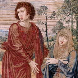 flamländsk gobeläng. Serien Dais of Charles V (Baldachin of Margaret of Austria). Barmhärtighetens Kristus (Cristo de la Misericordia). Gobelängpanel bakom läktaren. Modell Bernard van Orley (1491-1542). Tillverkning Pieter de Pannemaker, Bryssel. 1518-152