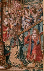 flamländsk gobeläng. Serien The Honours. Tro (La Fe). Första gobelängen i serien. Modelltecknare från Bernard van Orleys och Jan Gossaerts krets (Mabuse). Tillverkning Pieter van Aelst, Bryssel. Ca 1550. Tyg Guld, silver, siden och ull.