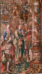 flamländsk gobeläng. Serien The Honours. Tro (La Fe). Första gobelängen i serien. Modelltecknare från Bernard van Orleys och Jan Gossaerts krets (Mabuse). Tillverkning Pieter van Aelst, Bryssel. Ca 1550. Tyg Guld, silver, siden och ull.