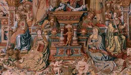 flamländsk gobeläng. Serien The Honours. Tro (La Fe). Första gobelängen i serien. Modelltecknare från Bernard van Orleys och Jan Gossaerts krets (Mabuse). Tillverkning Pieter van Aelst, Bryssel. Ca 1550. Tyg Guld, silver, siden och ull.