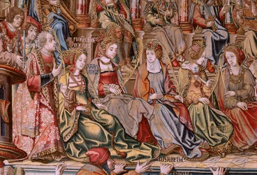 flamländsk gobeläng. Serien The Honours. Honor (El Honor). Andra gobeläng i serien. Modelltecknare från Bernard van Orleys och Jan Gossaerts krets (Mabuse). Tillverkning Pieter van Aelst, Bryssel. Ca 1550. Tyg Guld, silver, siden och ull.