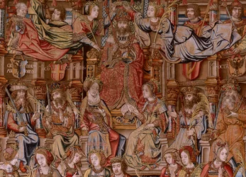 flamländsk gobeläng. Serien The Honours. Honor (El Honor). Andra gobeläng i serien. Modelltecknare från Bernard van Orleys och Jan Gossaerts krets (Mabuse). Tillverkning Pieter van Aelst, Bryssel. Ca 1550. Tyg Guld, silver, siden och ull.