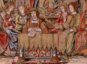 flamländsk gobeläng. Serien The Honours. Honor (El Honor). Andra gobeläng i serien. Modelltecknare från Bernard van Orleys och Jan Gossaerts krets (Mabuse). Tillverkning Pieter van Aelst, Bryssel. Ca 1550. Tyg Guld, silver, siden och ull.