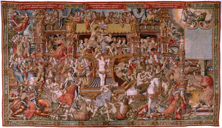 flamländsk gobeläng. Serien The Honours. Infamy (La Infamia). Sjätte gobelängen i serien. Modelltecknare från Bernard van Orleys och Jan Gossaerts krets (Mabuse). Tillverkning Pieter van Aelst, Bryssel. Ca 1550. Tyg Guld, silver, siden och ull.