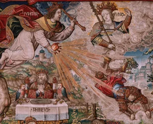 flamländsk gobeläng. Serien The Honours. Rättvisa (La Justicia, Los Honores). Nionde gobeläng i serien. Modelltecknare från Bernard van Orleys och Jan Gossaerts krets (Mabuse). Tillverkning Pieter van Aelst, Bryssel. Ca 1550. Tyg Guld, silver,