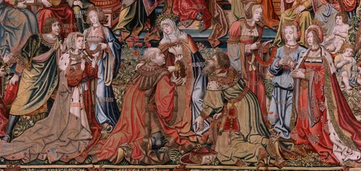 flamländsk gobeläng. Serien The Honours. Rättvisa (La Justicia, Los Honores). Nionde gobeläng i serien. Modelltecknare från Bernard van Orleys och Jan Gossaerts krets (Mabuse). Tillverkning Pieter van Aelst, Bryssel. Ca 1550. Tyg Guld, silver,
