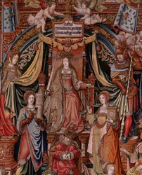 flamländsk gobeläng. Serien The Honours. Rättvisa (La Justicia, Los Honores). Nionde gobeläng i serien. Modelltecknare från Bernard van Orleys och Jan Gossaerts krets (Mabuse). Tillverkning Pieter van Aelst, Bryssel. Ca 1550. Tyg Guld, silver,