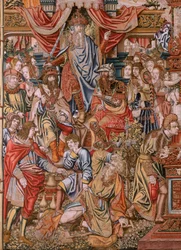 flamländsk gobeläng. Serien The Honours; Adel (La Nobleza). Fjärde gobelängen i serien. Modelltecknare från Bernard van Orleys och Jan Gossaerts krets (Mabuse). Tillverkning Pieter van Aelst, Bryssel. Ca 1550. Tyg Guld, silver, siden och woo