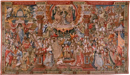 Flamländsk gobeläng. Serien Hedersbetygelserna; Adeln (La Nobleza). Fjärde gobelängen i serien. Förlaga av kartongmålare ur Bernard van Orleys och Jan Gossaerts (Mabuse) krets. Manufaktur Pieter van Aelst, Bryssel. Omkring 1550. Material: guld, silver
